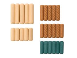 Three distinct groups of wooden dowel pins: light birch fluted dowels, medium-brown spiral-groove beech dowels, and teal pre-glued fluted dowels, tightly arranged on a neutral background.